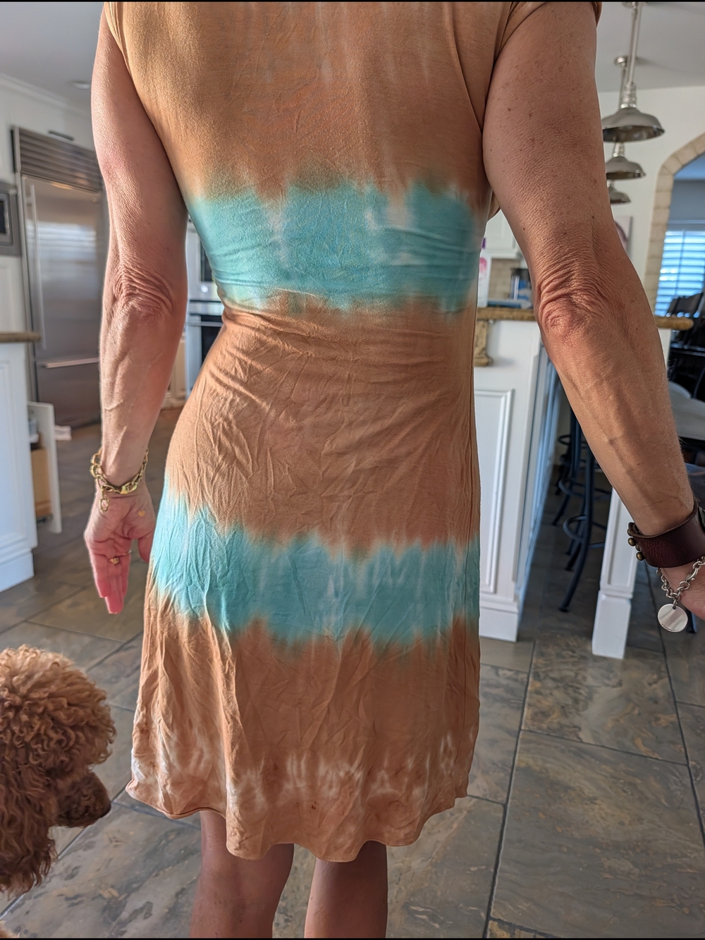 Sky Teal and Tan Band Tie-Dye Midi Dress